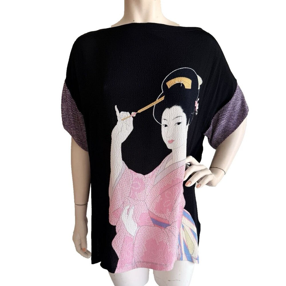 METO Top Black Pink Japanese Geisha Print Asian Art to Wear Tunic L XL OSFA